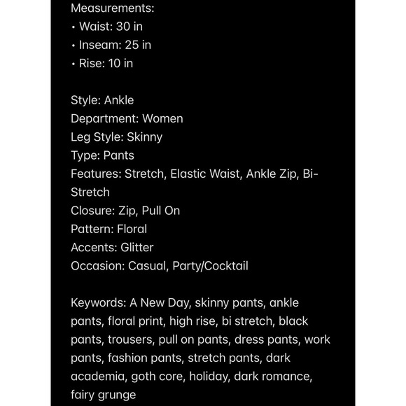 NWT A New Day Skinny Ankle Pants Black Floral Jacquard 6R Dark Romantic Holiday - Picture 9 of 9